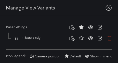 The Manage View Variants dialog, with a camera position button on each row and an icon legend at the bottom