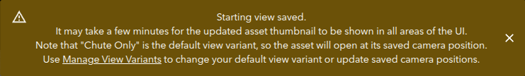 Notice shown when setting the Starting View while the default View Variant has its own saved camera position