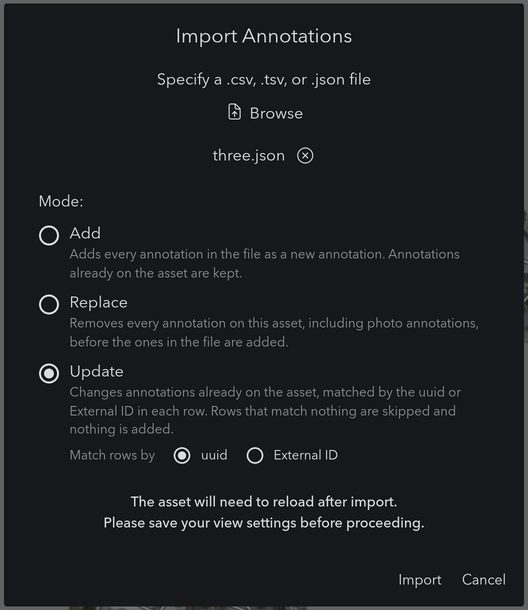 The Import Annotations dialog with Update selected and the Match rows by choice of uuid or External ID