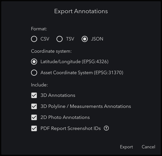 The Export Annotations dialog with format, coordinate system, and include options