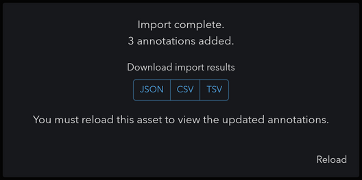 The import result dialog showing 3 annotations added and the download import results buttons