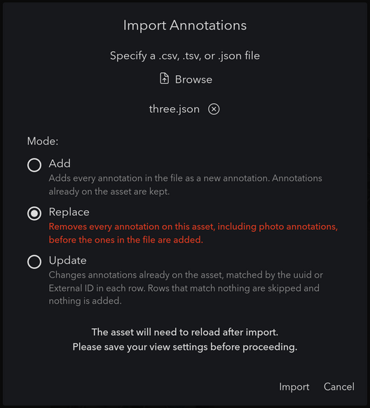The Import Annotations dialog with Replace selected and its warning in red