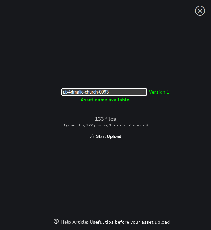 Nira upload dialog with an asset name entered, a file count of 133 files, and the Start Upload button